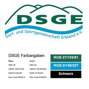 Logo der Dorf- und Sportgemeinschaft Erbland e.V. mit Farbangaben in Schwarz und Blau.