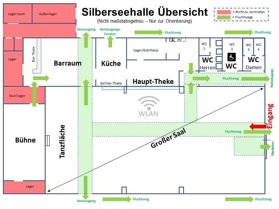 Übersicht des Grundrisses der Silberseehalle mit verschiedenen Räumen und Notausgängen.